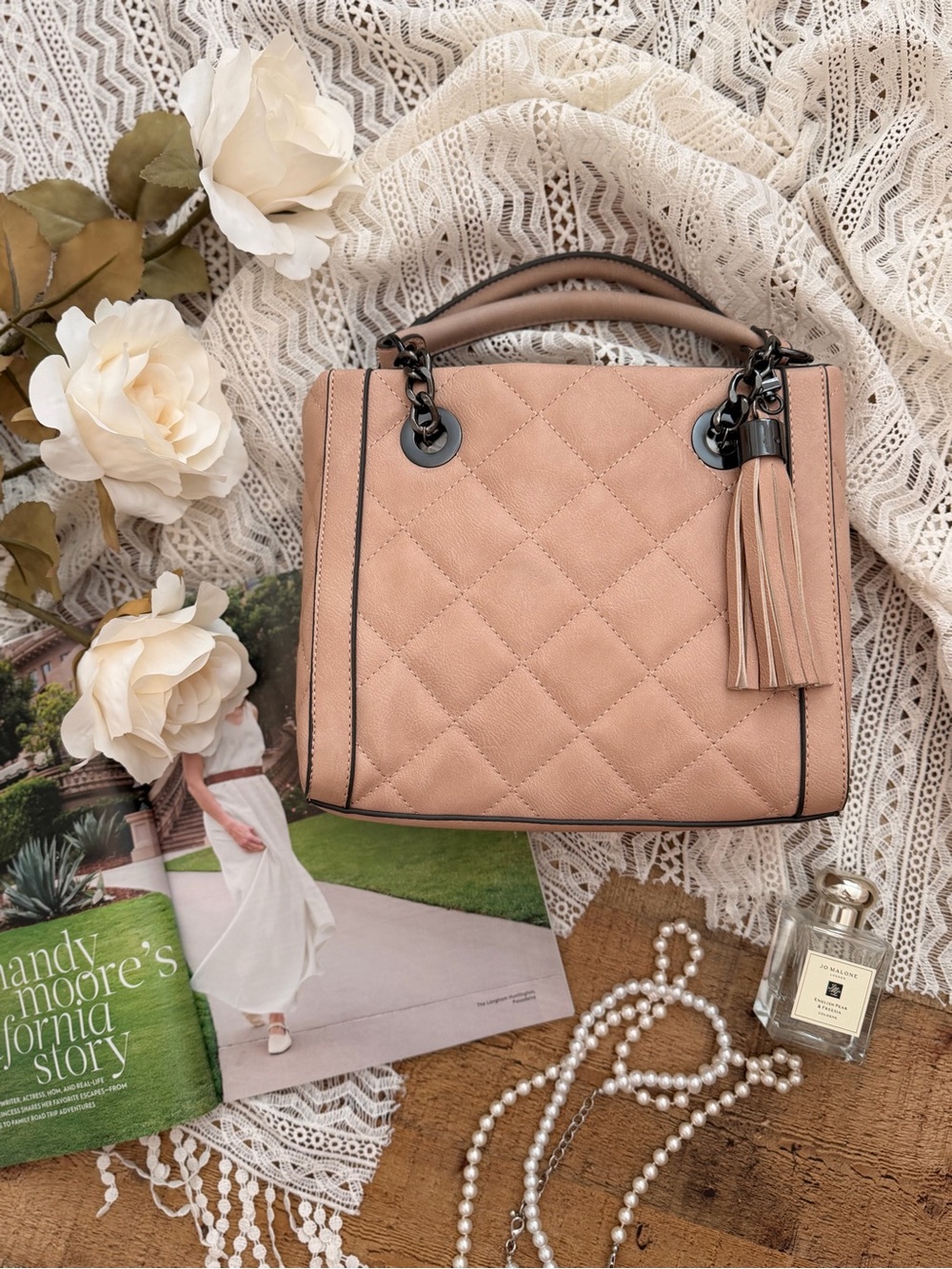 Quilted Top-Handle Handbag Satchel in Dusty Pink with Tassel
